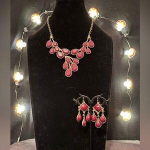 Gold & Burgundy Necklace and Earring Set